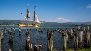 Large boat waterfront pier mountains - fitz henry lane free wallpaper