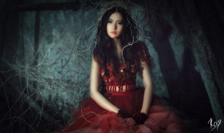 Woman red dress forest branches - her body free wallpaper