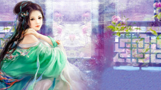Woman green dress bench flower - chen chun free wallpaper