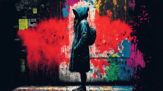 Person hooded backpack graffiti blood - banksy free wallpaper