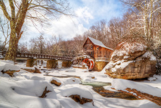 Snowy creek wooden bridge forest - photography free wallpaper