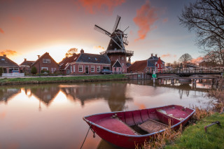 Boat shore river windmill houses 2 - a flemish baroque free wallpaper for desktop
