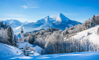Snowy mountain church fantasy landscape - a mountain range in the background free wallpaper
