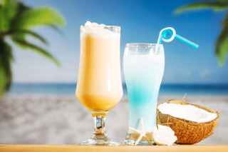 Tropical drinks coconut straw beach - a table together free wallpaper