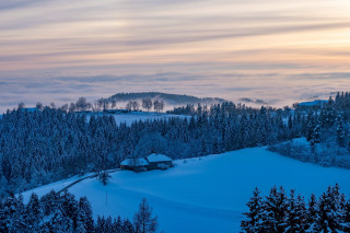 Snowy mountain house forests foggy - a foggy sky free wallpaper