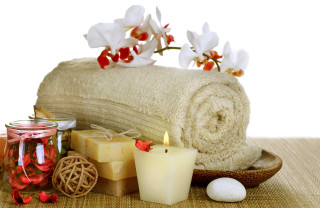 Towel candles flower tabletop photorealism - other item free wallpaper