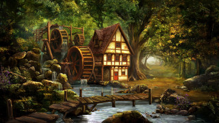 House woods waterwheel stream fantasy - the background and a stream free wallpaper