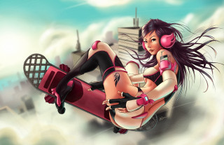 Pink skirted skateboarder clouds headphones - a pink outfit free wallpaper