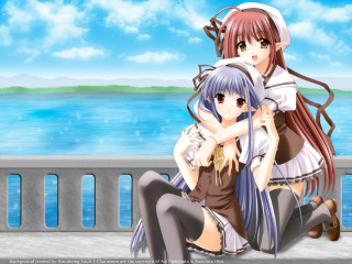 Anime girls bench ocean blue - a bench next free wallpaper for desktop