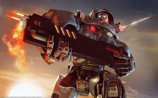 Robot gun fireball battle epic - free cyberpunk wallpaper