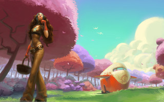 Woman bikini field suitcase car - league of legends concept art free wallpaper for desktop