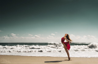 Woman red dress beach ocean - free beach wallpaper