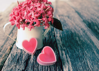 Vase pinkflowers hearts candles wooden - two heart free wallpaper for desktop