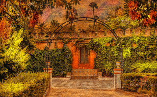 Garden bench gate autumn leaves - a painting of a garden free wallpaper