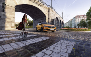 Woman dog yellow car city - a yellow car free wallpaper