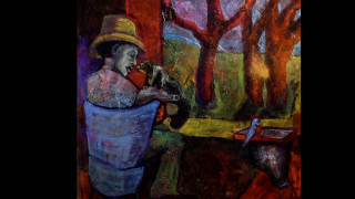 Man dog park trees bench - painting free wallpaper