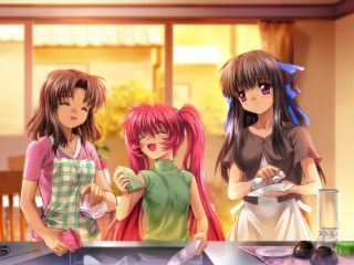 Three girls table food drinks - a plate free wallpaper