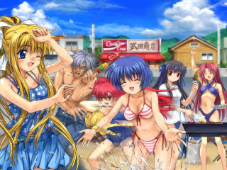 Anime girls beach city street - a man in the background and a woman in the foreground free wallpaper