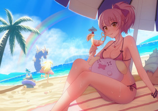 Woman beach umbrella drink rainbow - official art free wallpaper for desktop