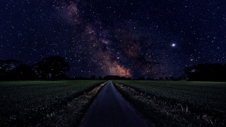 Road field night sky stars - free space wallpaper for desktop