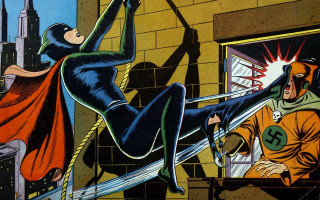 Man held woman city sword - feminist art free wallpaper