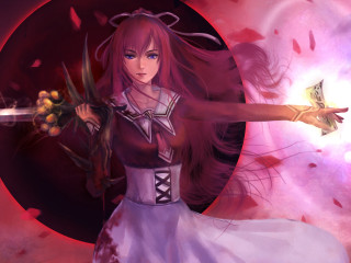 Woman dress sword butterfly red - a pink circle free wallpaper