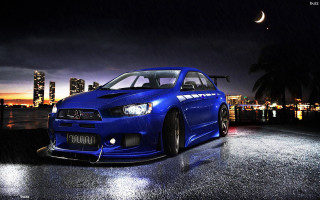 Blue car wet road night - free cars wallpaper for desktop