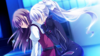 Anime girls hugging blue lights - a purple dress free wallpaper for desktop