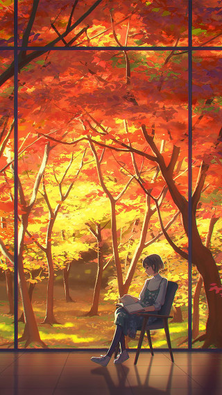 Person sitting chair window red - free autumn wallpaper for mobile