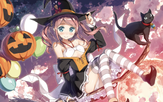 Woman witch costume flying cat - her back and a cat free wallpaper