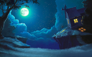 House hill rope moon sky - a painting of a house free wallpaper for desktop