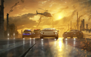 Cars helicopter city sunset dawn - a group of cars free wallpaper for desktop