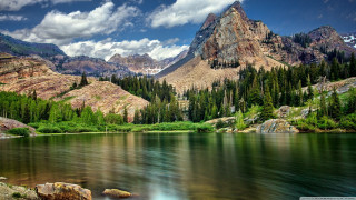 Mountain lake trees rocks cloudy 2 - bob ross free wallpaper for desktop