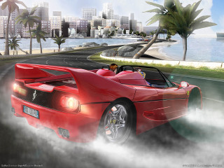 Red sports car city skyline 5 - a city skyline free wallpaper