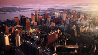City tall buildings bridge river - cinematic matte painting free wallpaper