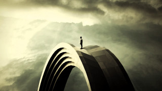 Man standing top building sky - cinematic matte painting free wallpaper