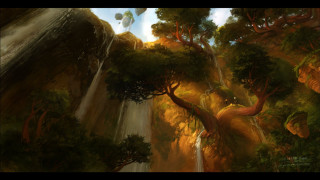 Waterfall forest trees rocks painting - don bluth free wallpaper for desktop