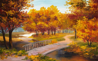 Bridge river park trees bench - impressionist painting free wallpaper