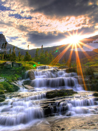 Waterfall sun mountain house hill 2 - free mountains wallpaper for mobile