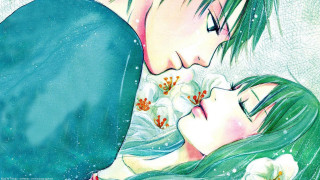 Couple kissing painting flowers blue - their chest free wallpaper