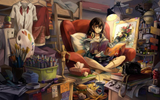 Woman reading book messy room - messy free wallpaper