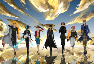 Anime characters cloudy sky reflection - a group of anime characters free wallpaper