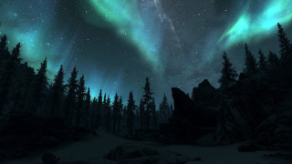 Night sky aurora mountains trees - night sky free wallpaper
