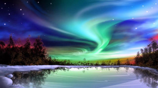 Aurora borealis frozen pond woods - the ground and trees free wallpaper