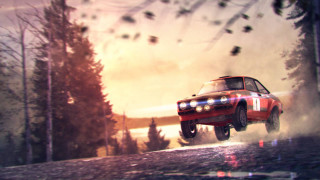Flying car forest road sunset - motion blur free wallpaper