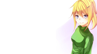 Green shirt ponytailed anime woman - her hand behind her back free wallpaper