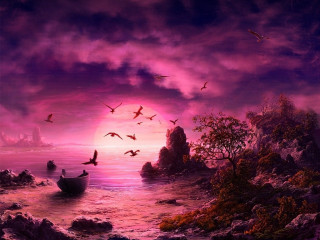 Boat water birds castle purple - a castle in the distance free wallpaper