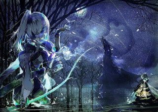 Woman blue sword forest mountain - a sword in a forest free wallpaper for desktop