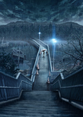 People walking stairway rain umbrellas - free anime wallpaper for mobile