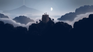 Castle forest moon distant mountain - a moon in the sky above free wallpaper